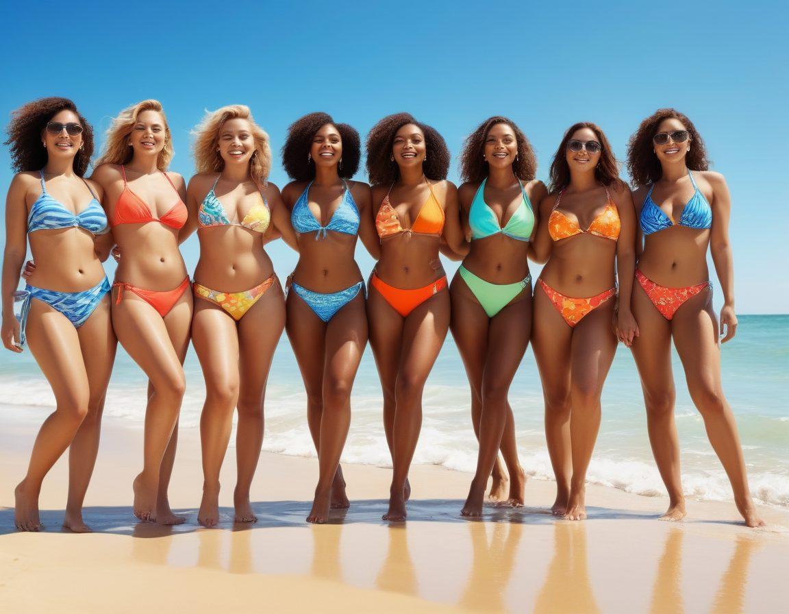A diverse group of confident individuals of different body types celebrating summer fashion on a sunny beach, each showcasing various vibrant bikini designs that reflect individuality. The scene should radiate joy and empowerment, with lively colors and a clear blue sky. Incorporate elements like beach accessories and playful waves in the background to enhance the summer vibe. super-realistic. vibrant colors. cheerful atmosphere.